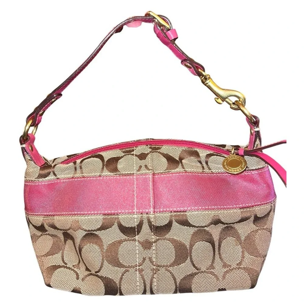 Coach Khaki Pink Signature C Rare Floral Appliqué Canvas Shoulder Bag 41420 Y2K